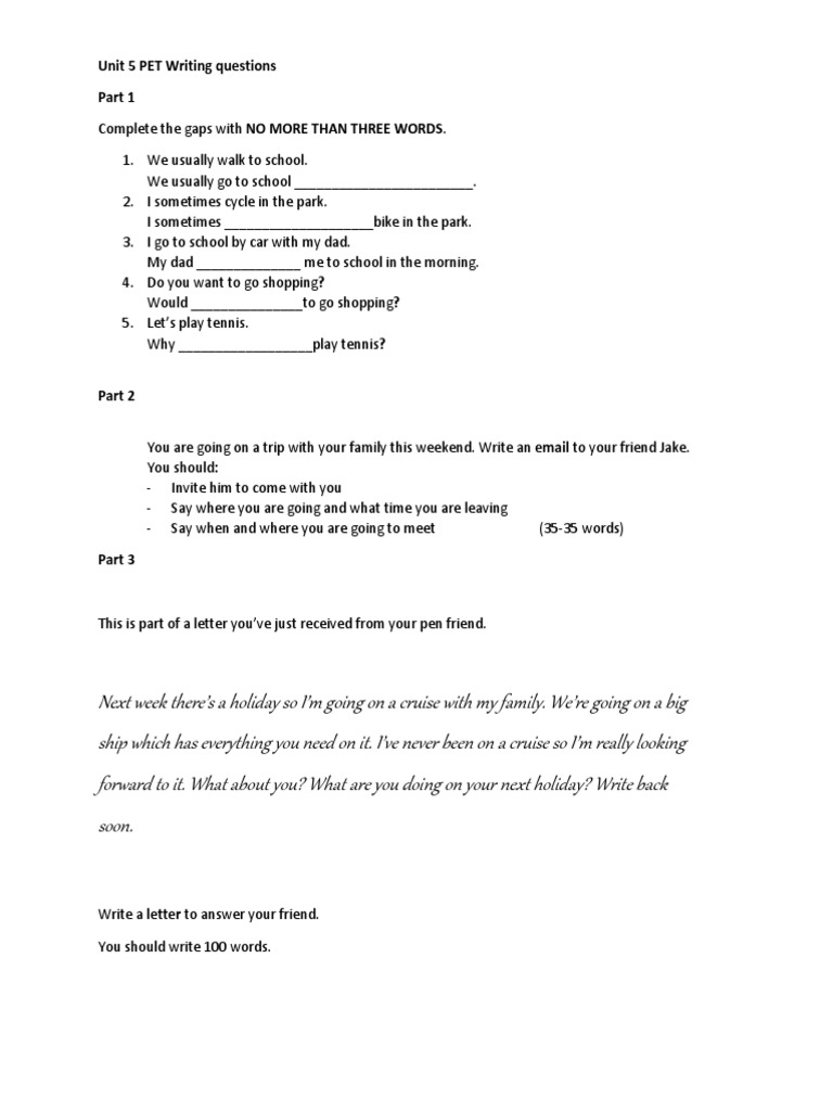 PET Writing Practice Questions | PDF