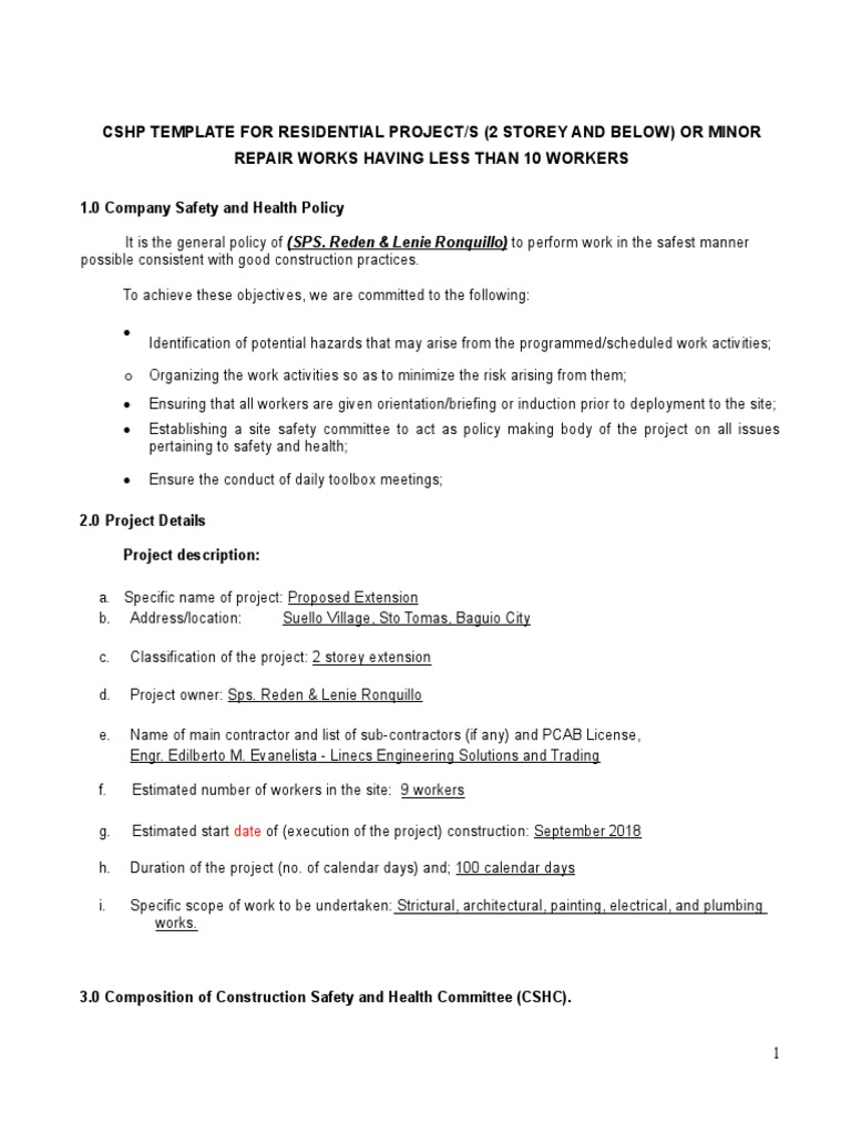 CSHP Template for Minor Projects | PDF | Personal Protective Equipment ...