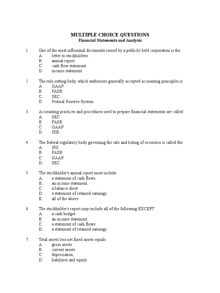 Financial Statement Analysis MCQs | PDF | Return On Equity | Cash Flow ...