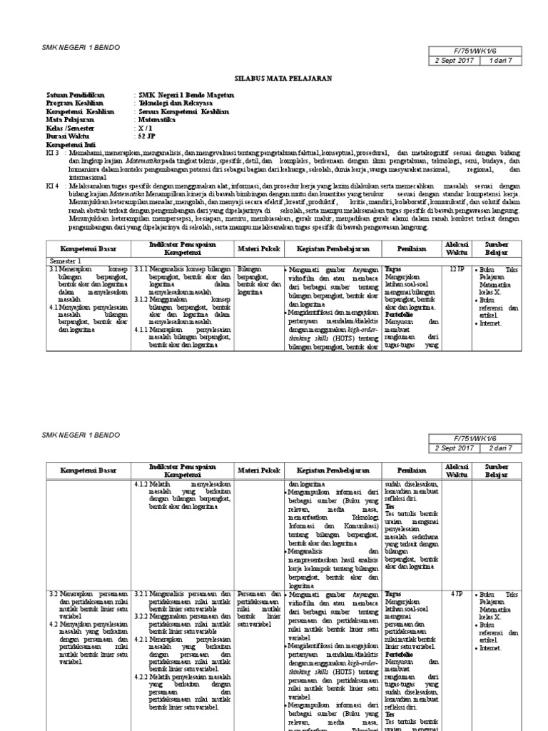 Silabus Matematika K13 Revisi Silabus Bahasa Indonesia Kelas 7 Smp Riset
