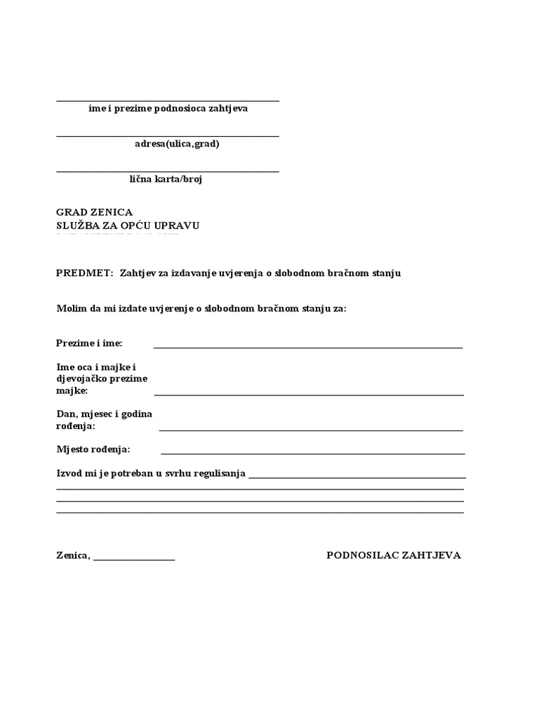 Zahtjev Za Uvjerenje o Slobodnom Bracnom Stanju PDF
