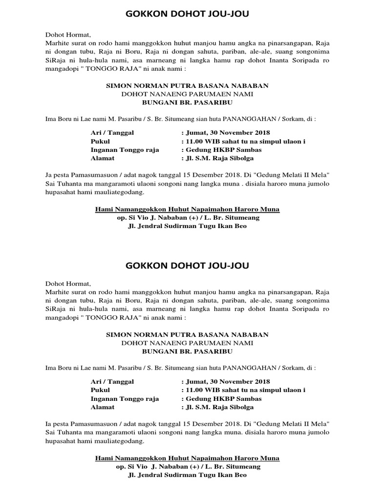 Contoh Undangan Gokkon Dohot Jou Jou