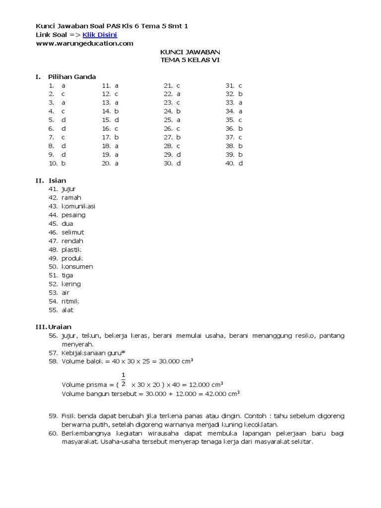 Kunci Jawaban Soal Pas Uas Kelas 6 Tema 5 Semester 1 Ganjil Gasal