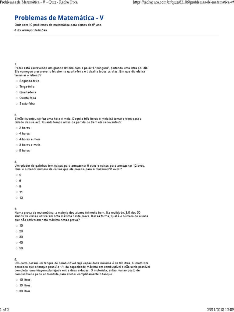 Quiz de Matemática 6º Ano 