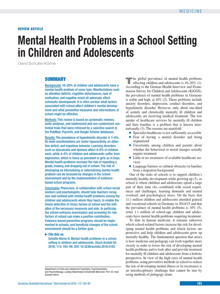 Mental Health Problems in A School Setting in Children and Adolescents ...