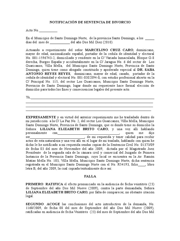 Notificación de Sentencia de Divorcio.doc00 | Divorcio | Sentencia (ley)