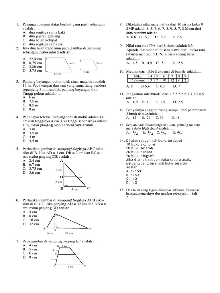Soal Ujian Matematika Semester Ganjil Kelas 9