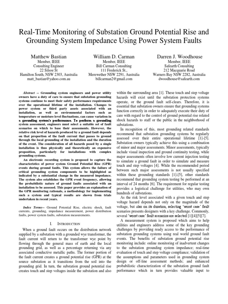Real-Time Monitoring of Substation Ground Potential Rise and Grounding ...