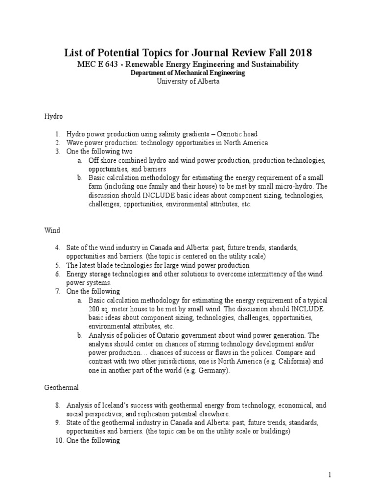 List of Potential Topics For Journal Review Fall 2018: MEC E 643 ...
