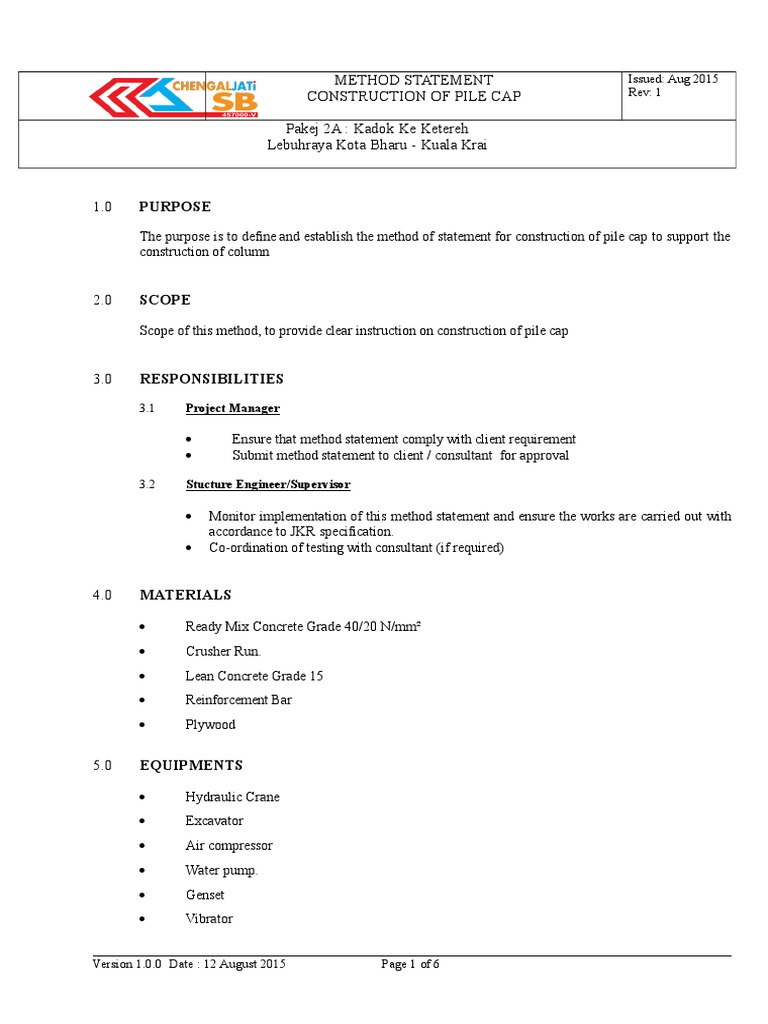 Pile Cap Construction Method Statement | PDF | Deep Foundation | Concrete