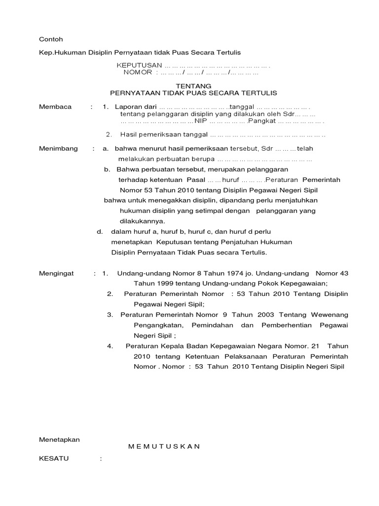 Contoh Surat Pernyataan Tidak Puas Secara Tertulis Atas Pelanggaran Pp