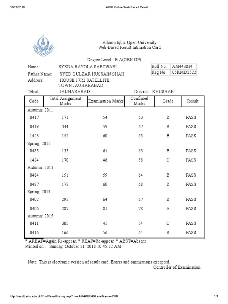 Aiou online web based result pdf pdf