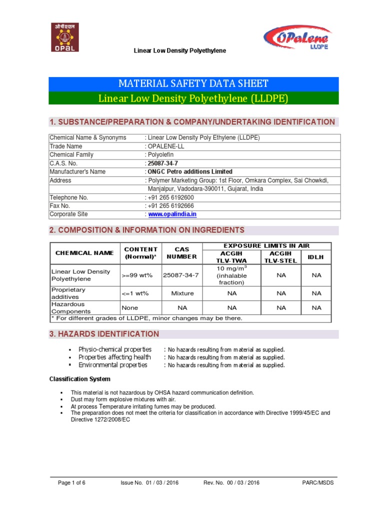 Material Safety Data Sheet LLDPE PDF PDF Toxicity Fires