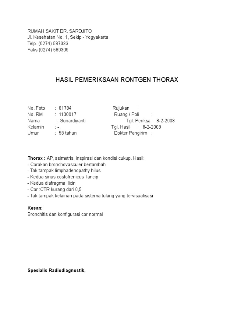Hasil Rontgen Thorax Normal dan Bronkitis | PDF