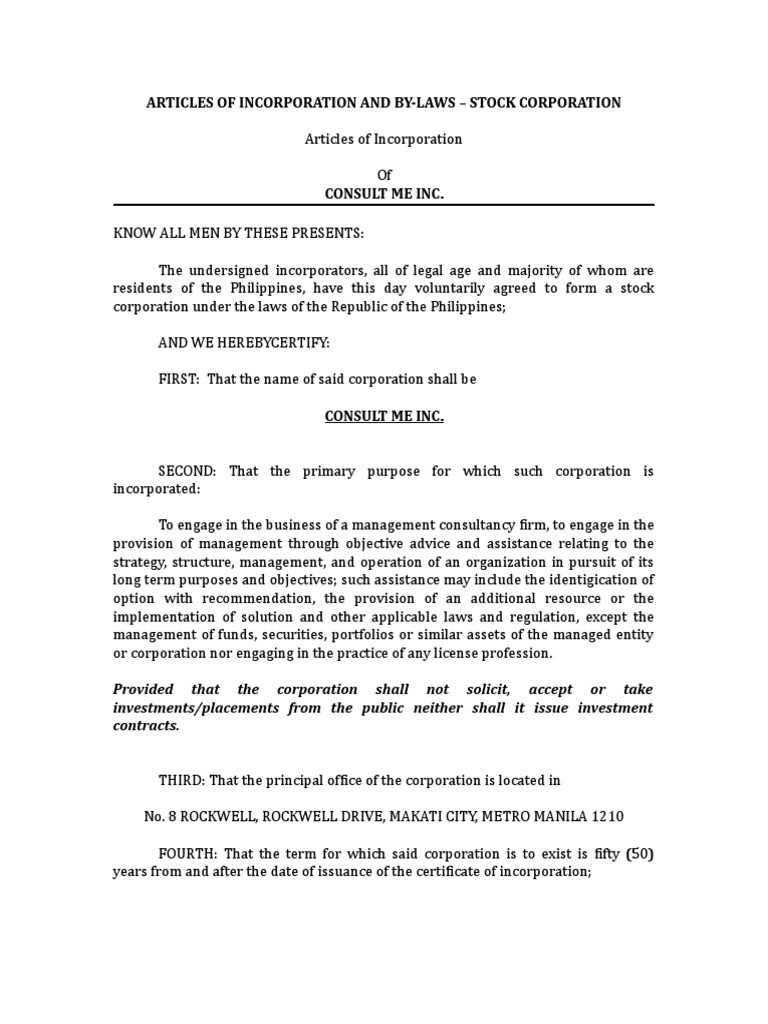 Articles of incorporation and bylaws sample image