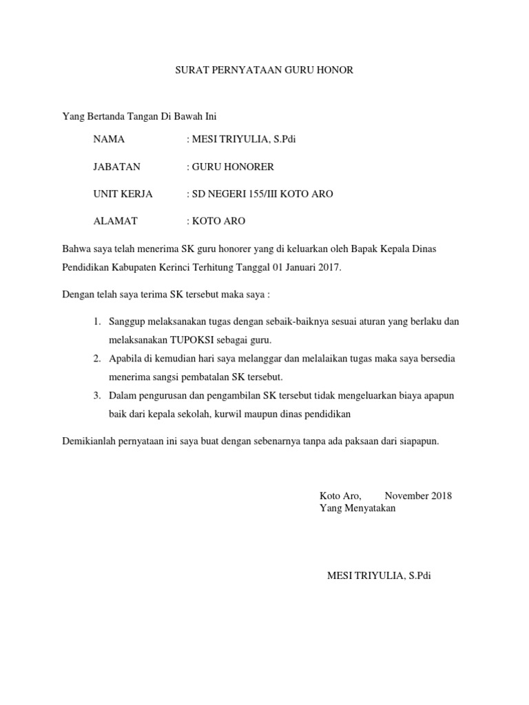 Surat Pernyataan Guru Honor