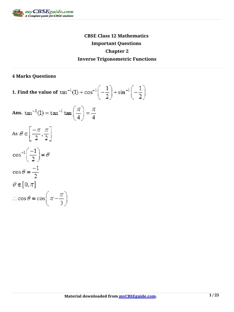 Class 12 Inverse Trigonometry Questions | PDF | Teaching Mathematics ...