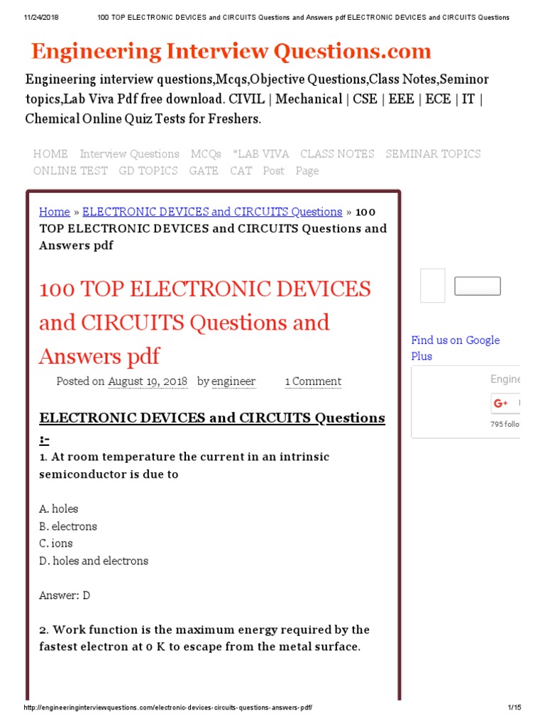 100 Top Electronic Devices and Circuits Questions and Answers PDF