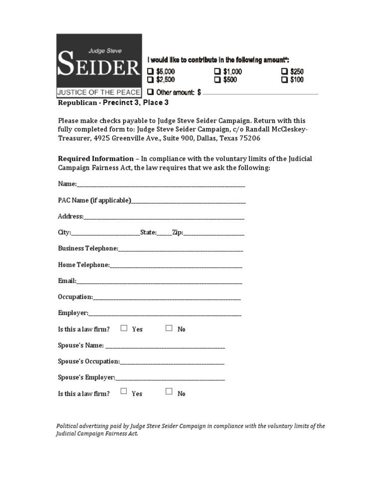 Judge Seider Campaign Contribution Form | PDF | Career & Growth | Law