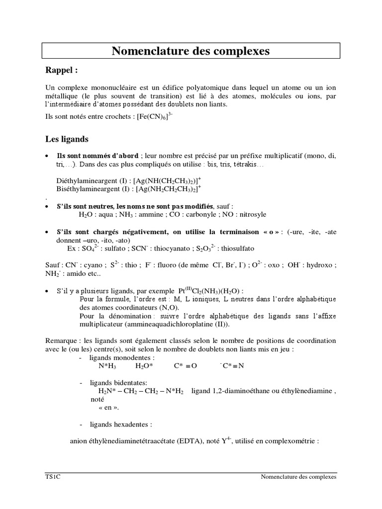 Nomenclature des complexes chimiques PDF Complexe (chimie) Ligand — free download