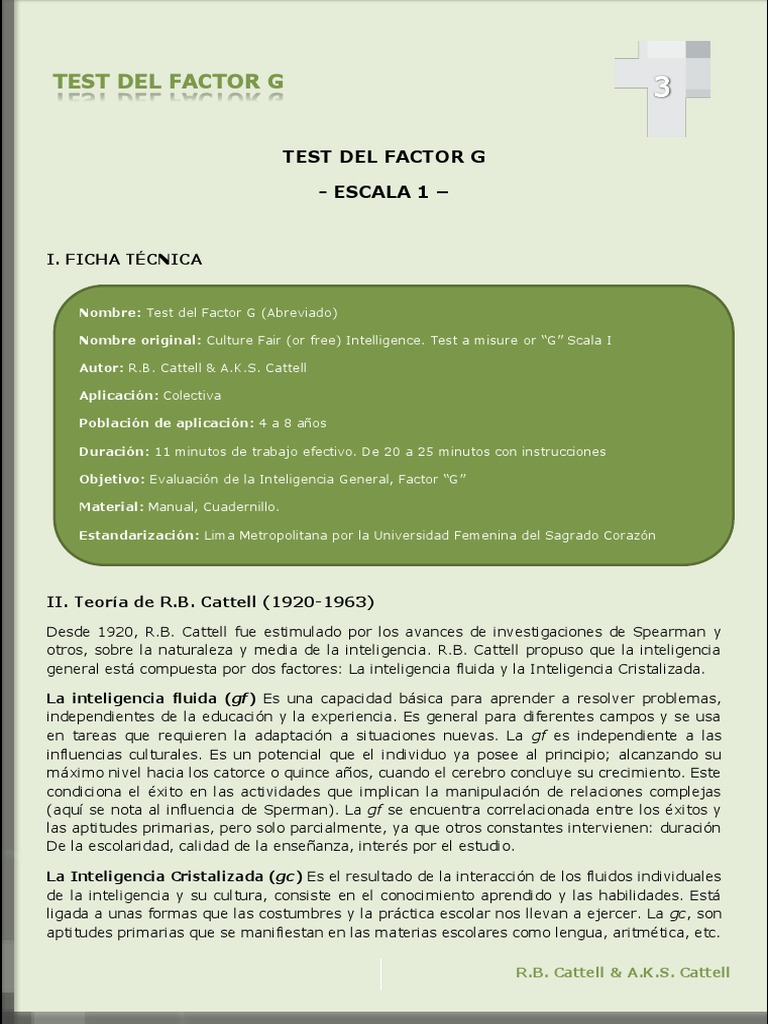 Manual Cattell Factor G Escala 1 y 2 Cociente de inteligencia Cognición