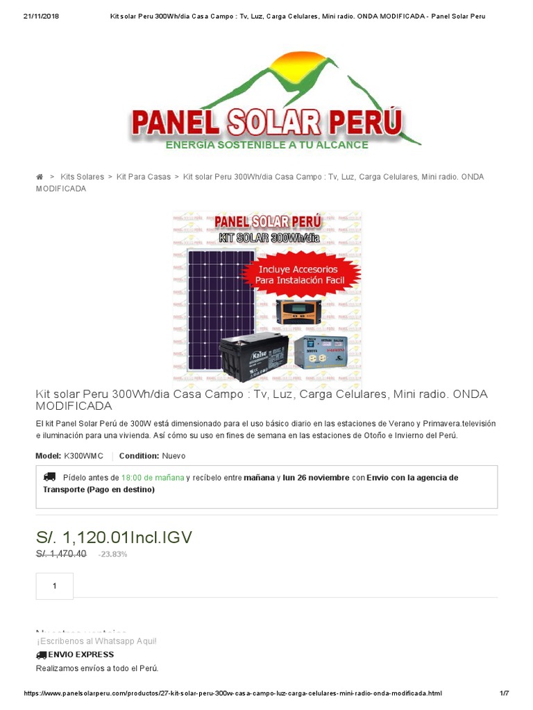 Kit solar Peru 500W/dia : Luz, TV, Laptop. ONDA MODIFICADA - Panel Solar  Peru