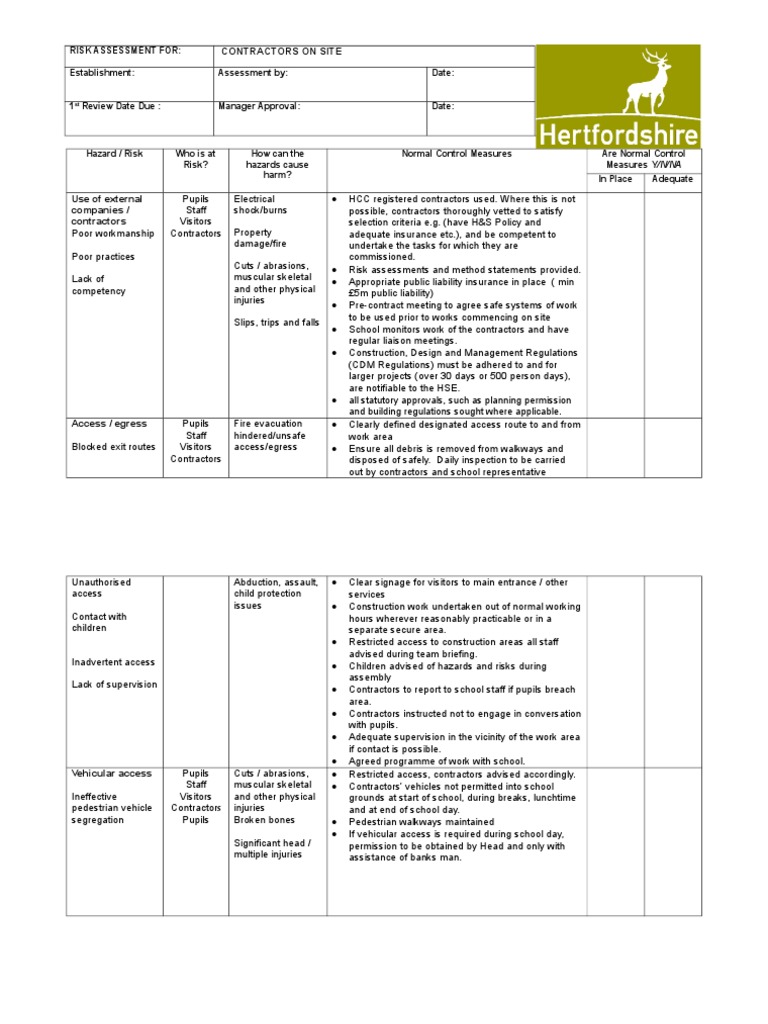 Contractor On-Site Risk Assessment Guide | PDF | Personal Protective ...