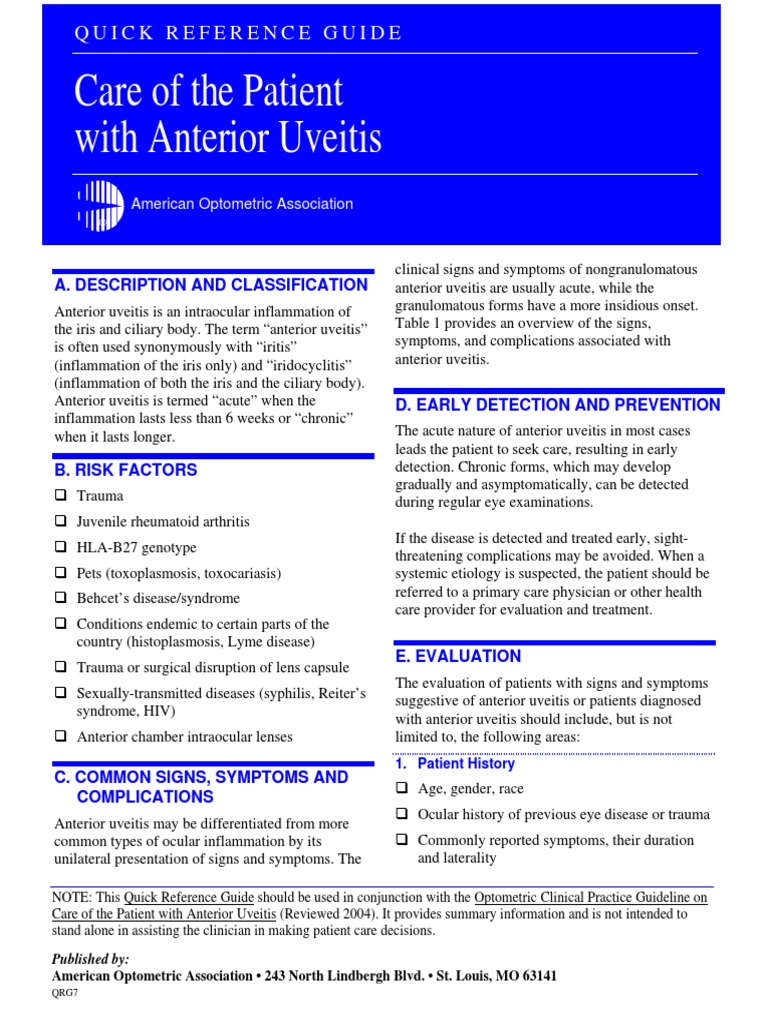 Care of The Patient With Anterior Uveitis: Quick Reference Guide ...
