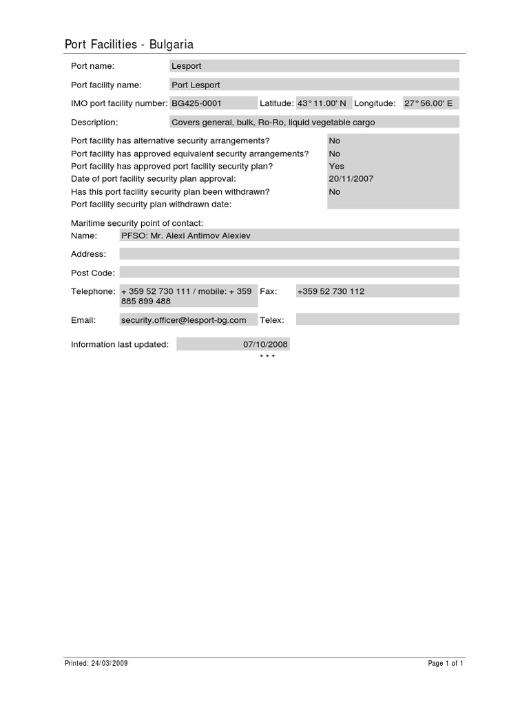 Port Facilities - Bulgaria: Page 1 of 1 Printed: 24/03/2009 | PDF
