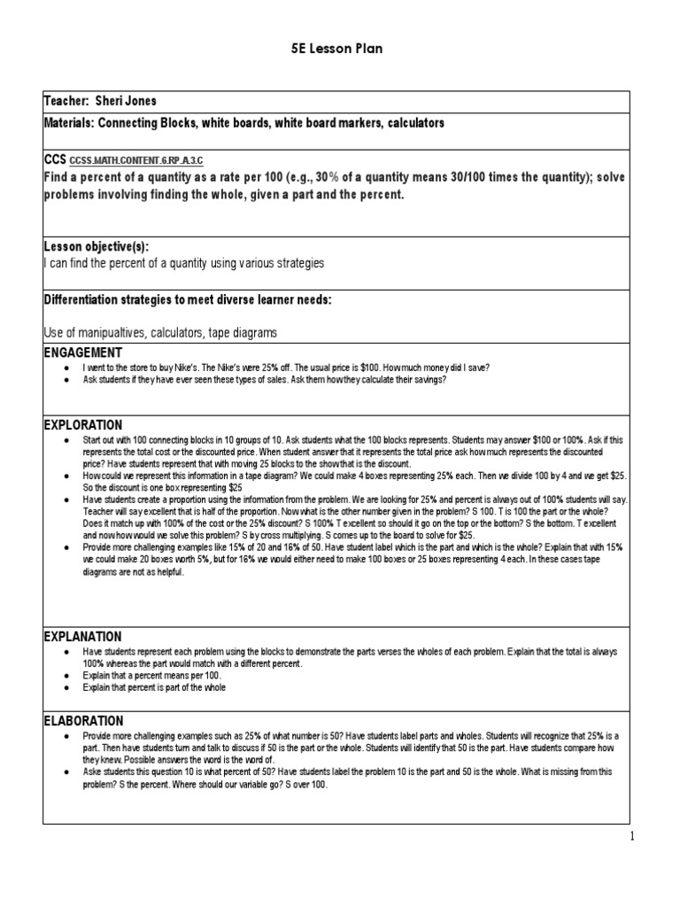 5E Lesson Plan: Percent Calculations | PDF | Lesson Plan | Behavior ...