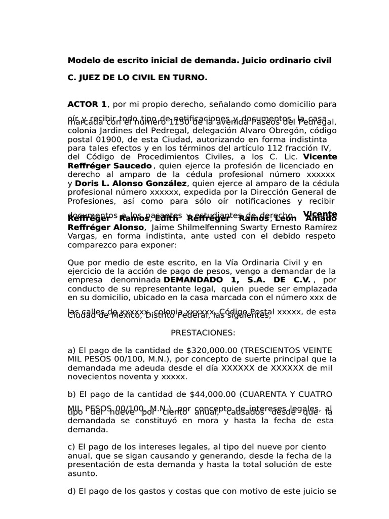 Escrito Inicial Juicio Ordinario Civil PDF Conceptos legales Instituciones sociales