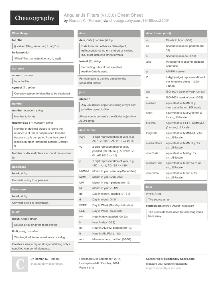 Angular Js Filters (v1.3.0) Cheat Sheet: by Via | PDF | Array Data ...