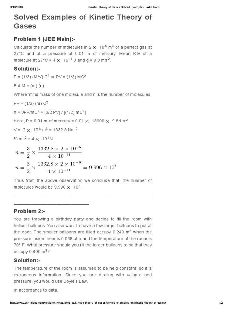 Kinetic Theory of Gases Examples | PDF | Gases | Quantity