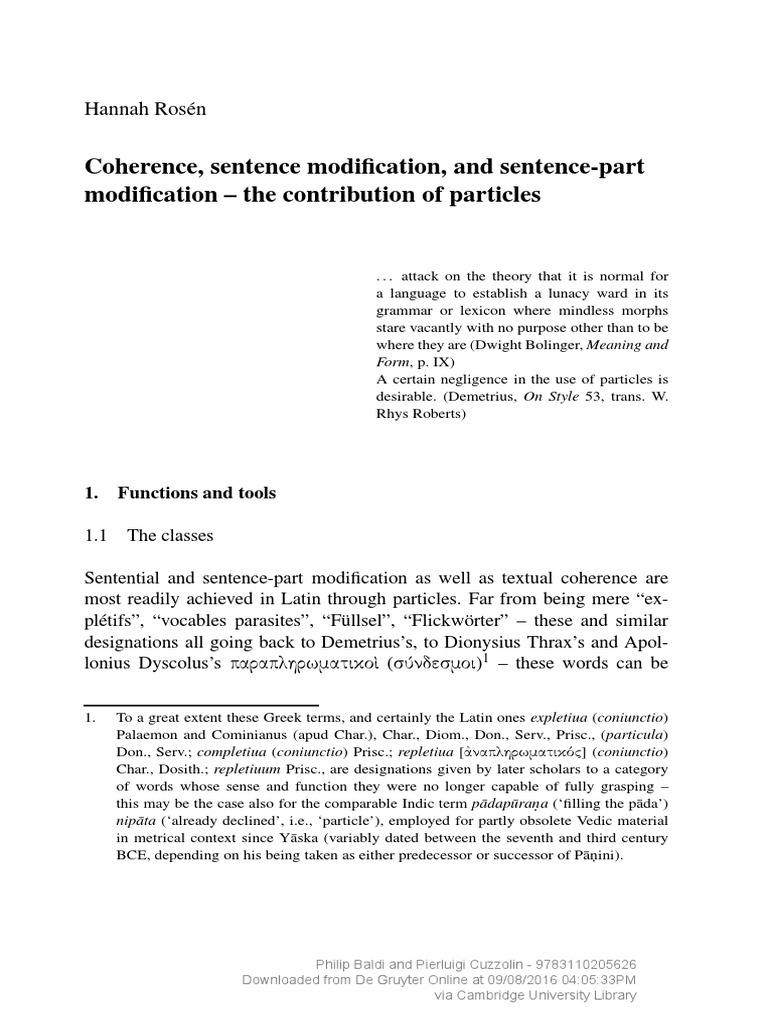9783110205626 - Volume 1 Syntax of The Sentence) Coherence, Sentence  Modification, and Sentence-Part Modification - The Contribution of  Particles | PDF | Word | Latin