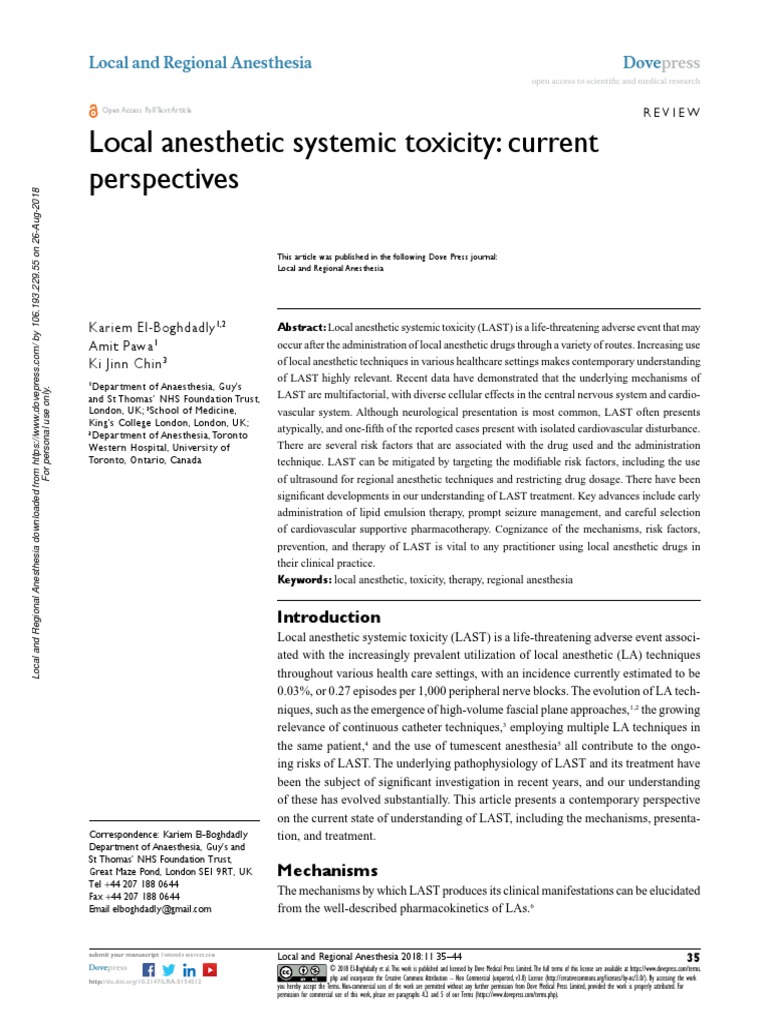 LA Systemic Toxicity Current Perspective PDF Anesthesia Medicine