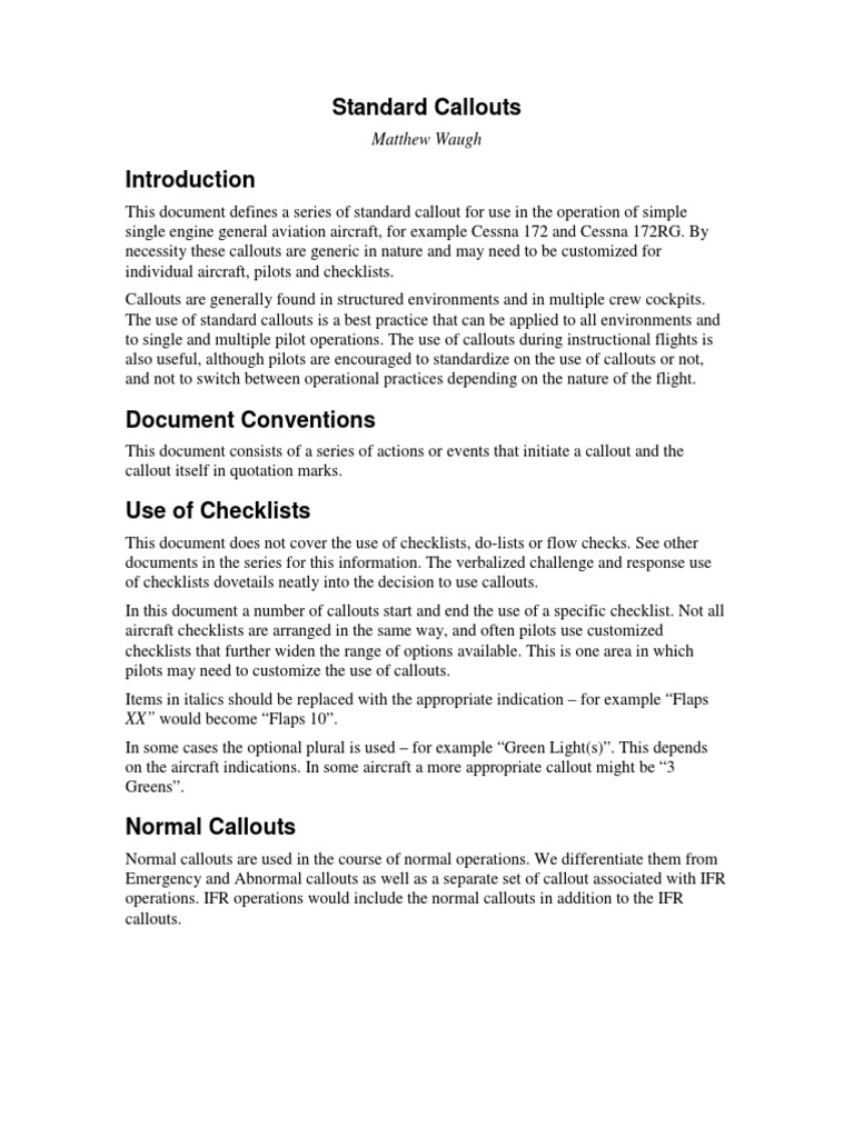 Standard Callouts for Aviation Operations | PDF | Takeoff | Aerospace ...