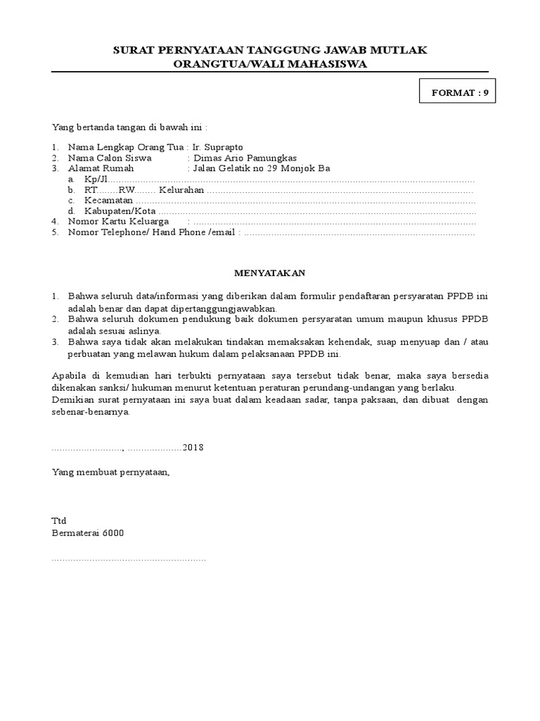 Surat Pernyataan Tanggung Jawab Mutlak