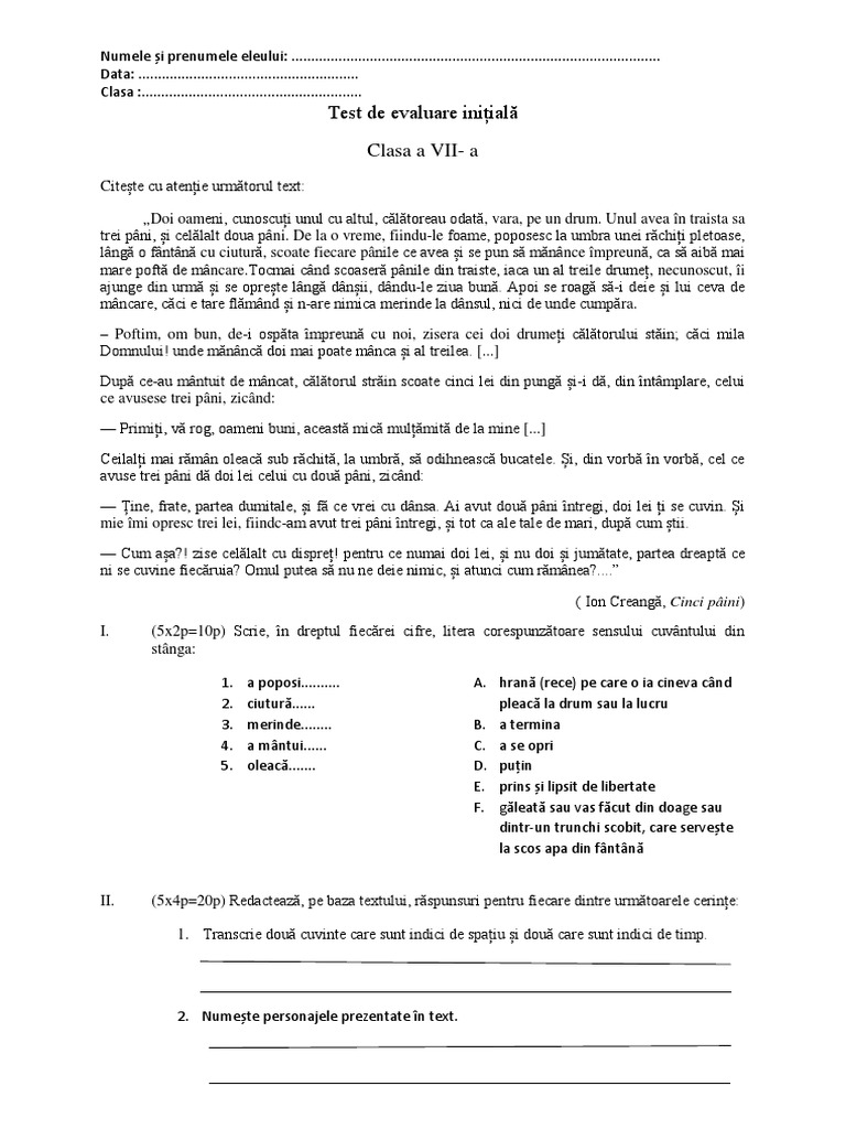 Test de Evaluare Initiala Cls A VII | PDF