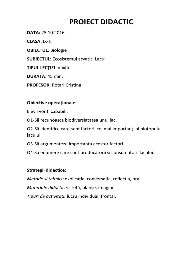 Proiect Didactic Ecosistem Acvatic Lacul