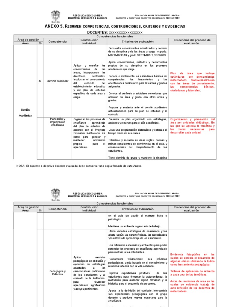 Ejemplo Anexo 5 Evaluación Docente 2024 | PDF | Evaluación | Plan de ...