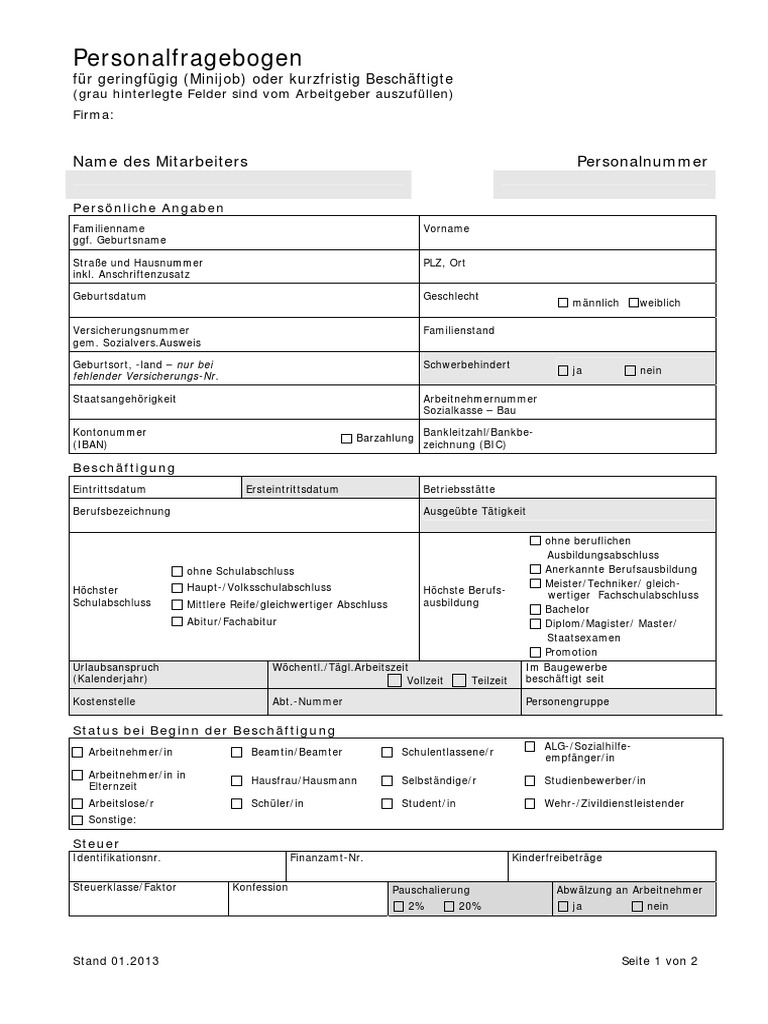 Personalfragebogen minijob 2013 pdf