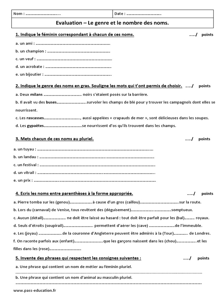 Exercices Français 6ème à Imprimer Genre Et Nombre Des Noms 6ème Evaluation | PDF