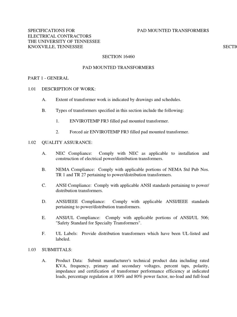 Specifications for Pad Mounted Transformers | PDF | Transformer ...