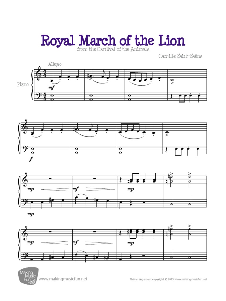 Royal March Of The Lion Piano Pdf Le Carnaval Des Animaux Compositions Classiques
