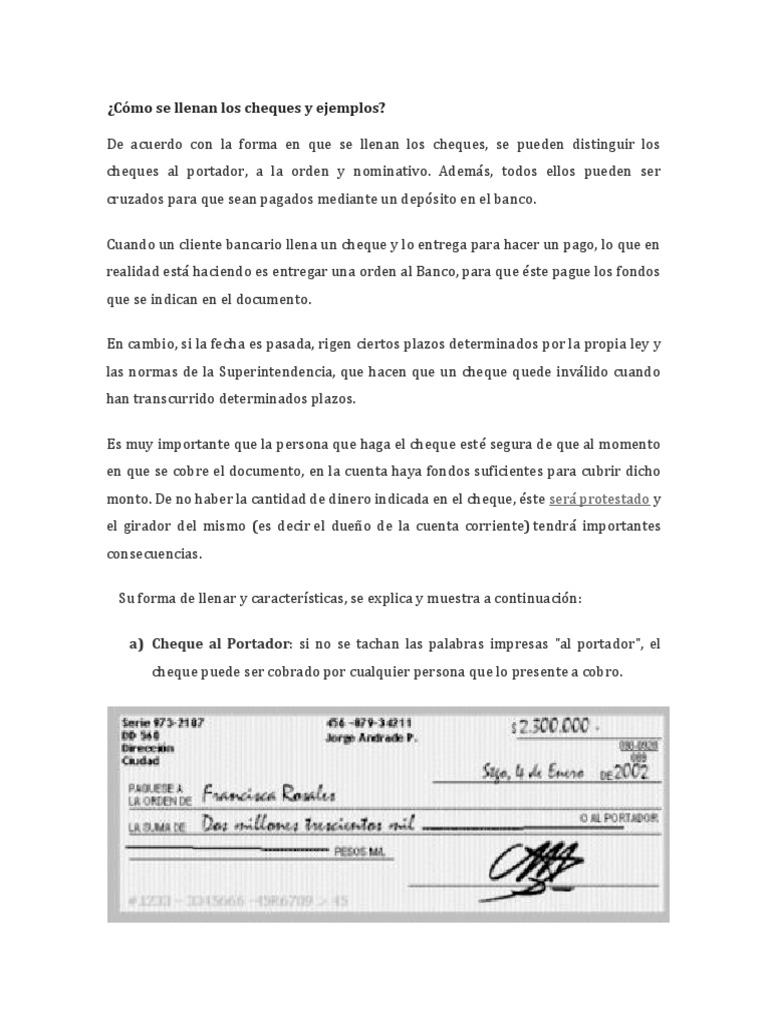 Cómo llenar cheques: guía y ejemplos | PDF | Cheque | Bancos