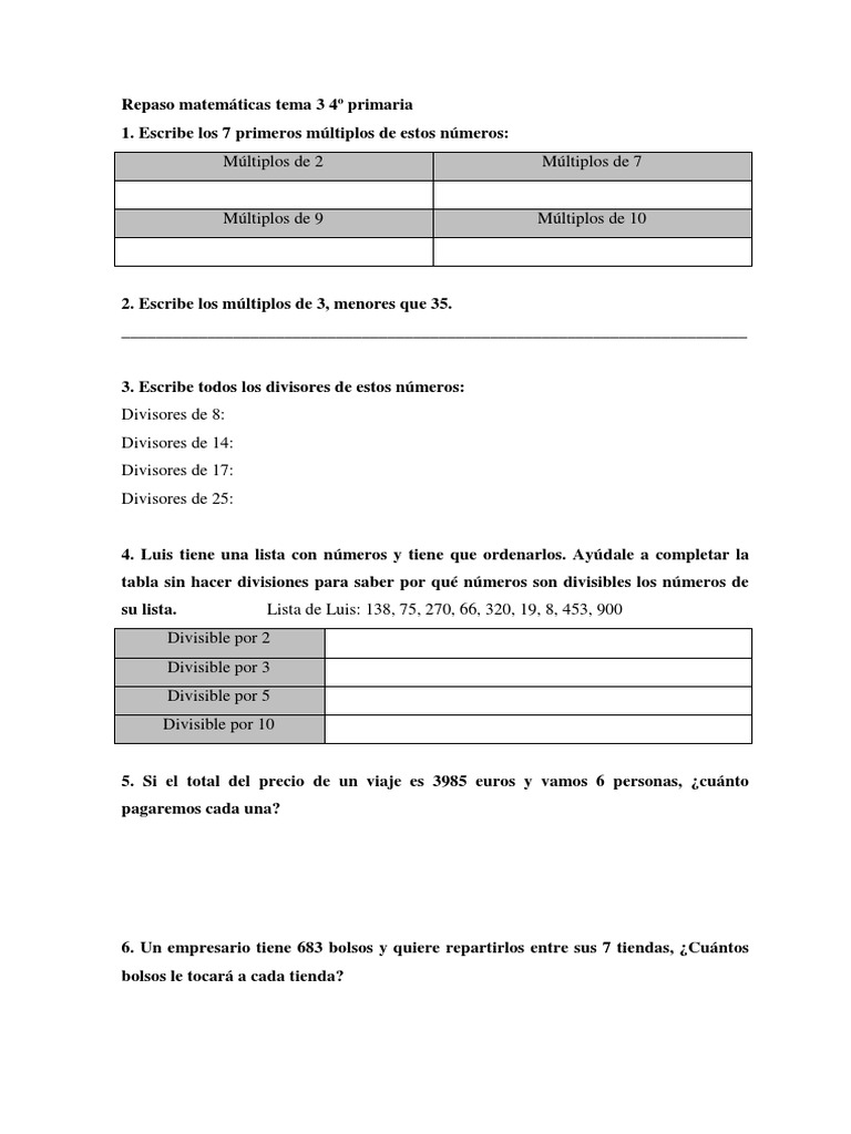 Repaso Matemáticas Tema 3 4º Primaria | PDF | Métodos y materiales de ...