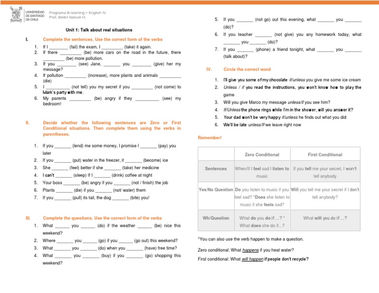 Real Situations: Conditional Sentences Practice | PDF | Self ...