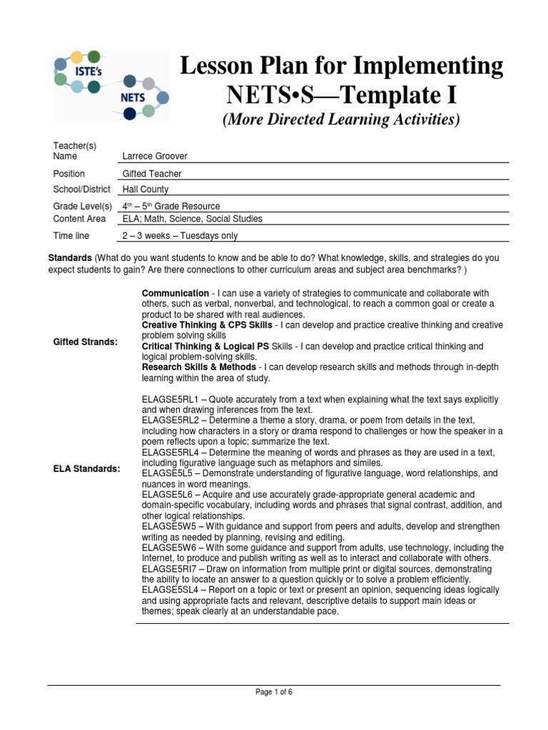NETS•S Lesson Plan for Grades 4-5 | PDF | Learning | Creativity
