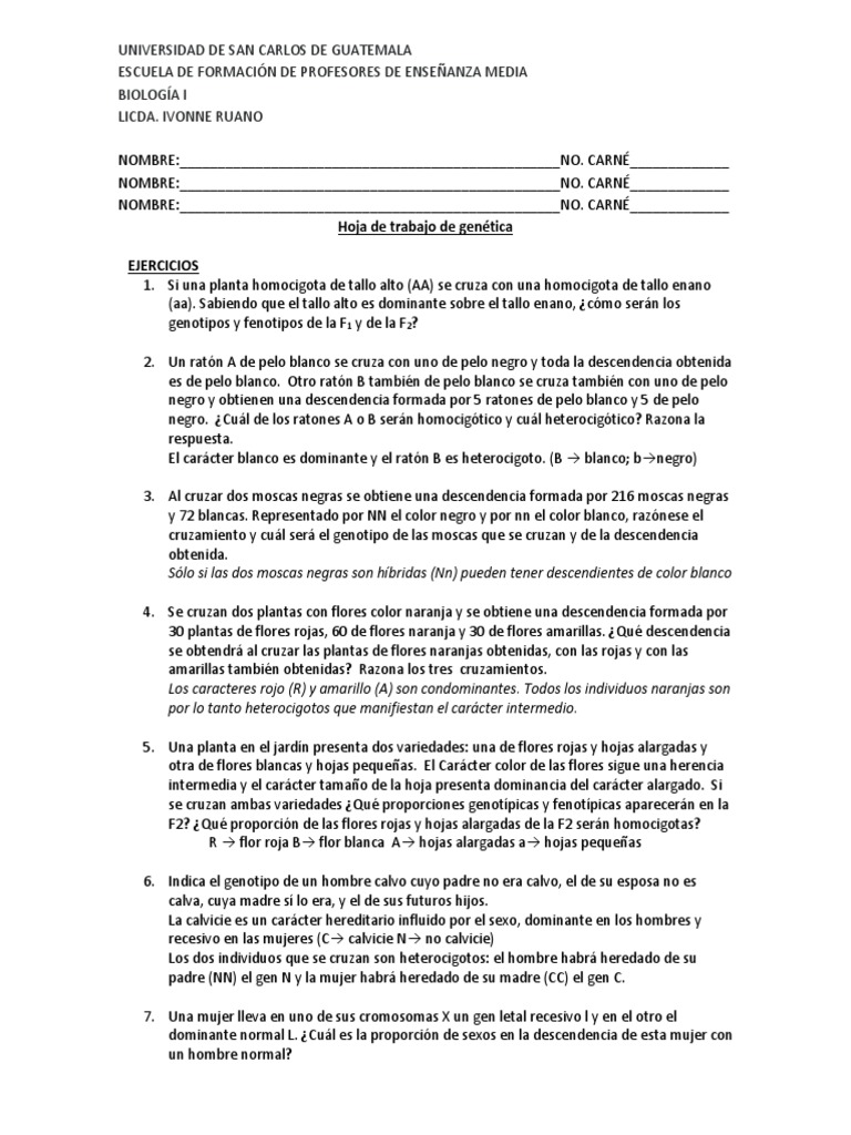 Hoja de Trabajo Genética Imprimir | PDF | Dominancia (Genética) | Organismos, image size:768x1024