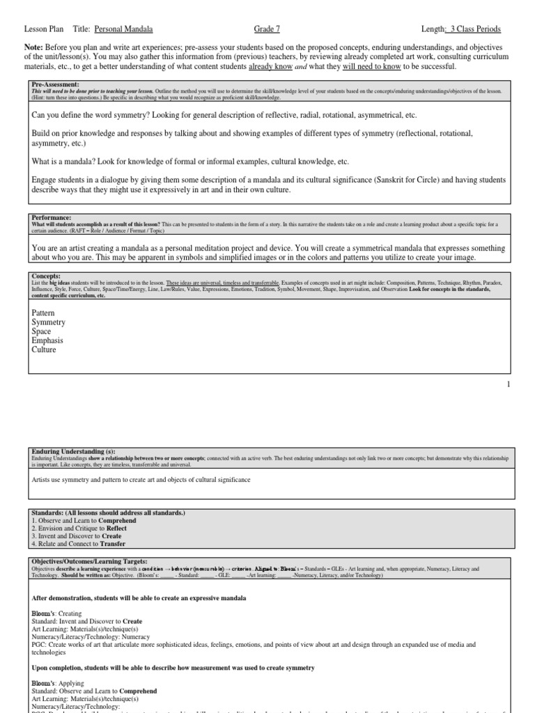 7th Grade Personal Mandala Lesson Plan | PDF | Learning | Idea